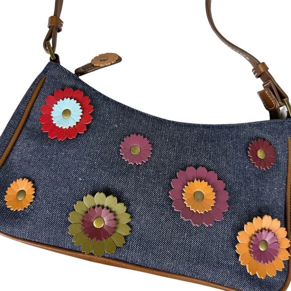 Y2K Liz Claiborne Denim Faux Leather Floral Applique Top Handle Shoulder Bag - Picture 3 of 6